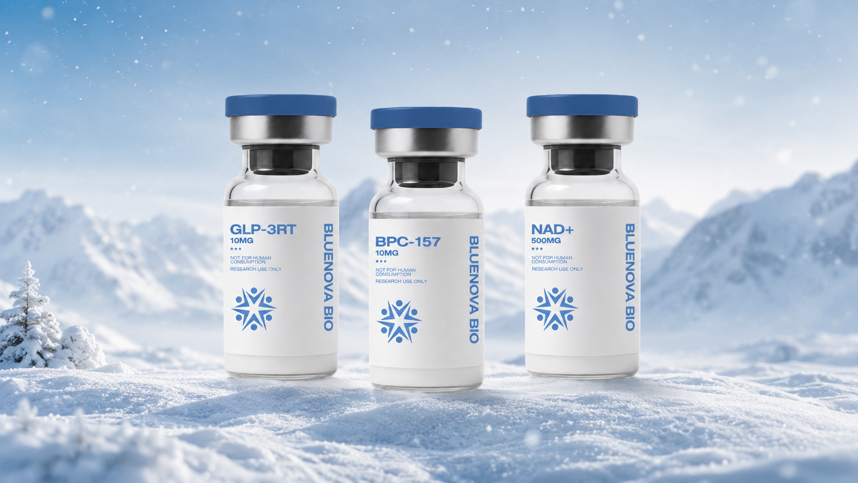 Bluenova Bio research vials — BPC-157, GLP-3RT, NAD+